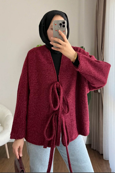 dubai showroom Önü Bağcıklı Kaşmir ceket Bordo