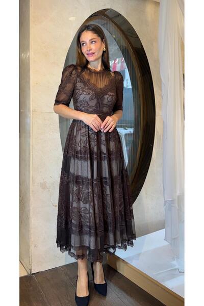 SpringStore Kahve Kısa Kol Dantel Abiye