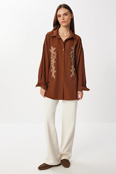 Lovelyİstanbul Beaded Embroidered Oversize Woven Shirt Lrg0050 Brown