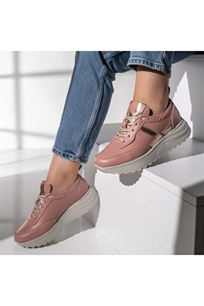 Modlet.ro Women's pink and gold leather lace-up sports shoes MOD12092