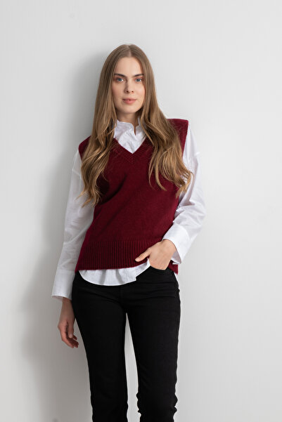 Shophia Women's Single Plate V-Neck Knitwear Sweater – Burgundy