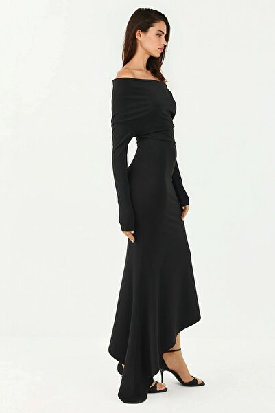 Hiccup Kayık Yaka Asimetrik Bodycon Maxi Elbise