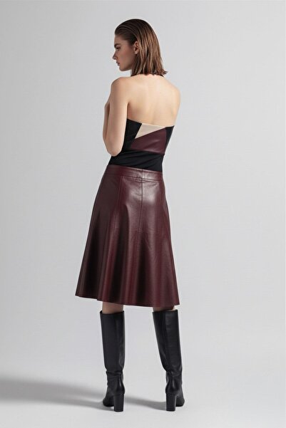 Deriderim Burgundy Women's Loose Fit Genuine Leather Skirt