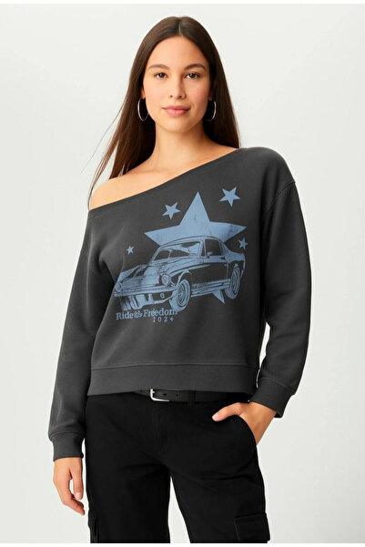 npLStore سترة نسائية مطبوعة من Star Car 2024 بكتف واحد وياقة قارب للموسم الجد...