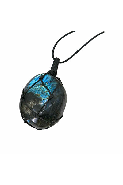 craftmystic Colier oval cu cristale de labradorit înfășurat într-o plasă de frânghie neagră