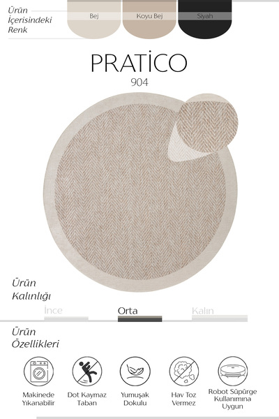 Sisal Halı Pratico Bej Yuvarlak Halı Sisal Görünümlü Yumuşak Dijital Baskı Yıkanabilir Kaymaz Mutfak Halısı