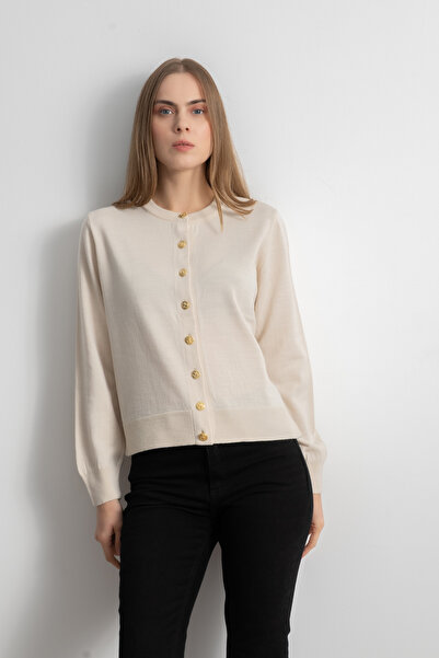Shophia Women's Gold Buttoned Basic Knit Cardigan - Cream