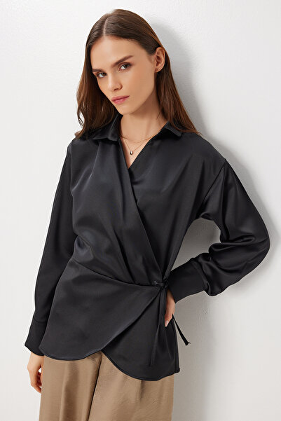 Lovelyİstanbul Shirt Collar Wrap-Around Satin Surface Blouse Lan0079 Black