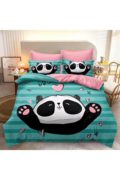 OEM Bed linen, 2 people, identical 3D print, fine, 6 pieces, turquoise and pink, with Panda, LFD101