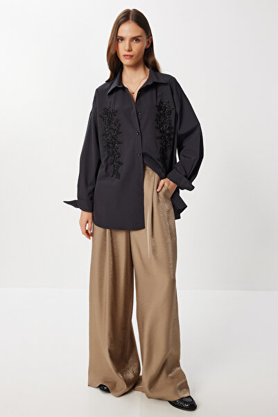Lovelyİstanbul Beaded Embroidered Oversize Woven Shirt Lrg0050 Black