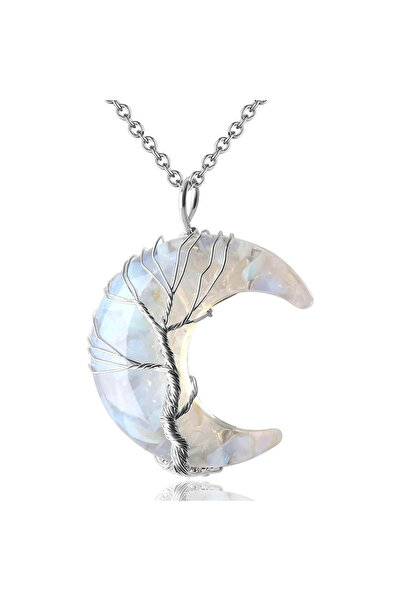 craftmystic Colier cu pandantiv semilună, arborele vieții - Fabricat din piatră cristalină transparentă și rășină