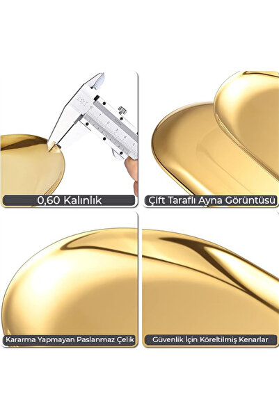farklı evim Gold Stainless Steel Boat Presentation Plate Set Snack Plate Mezelik Sauce Bowl, 6 Pieces Mega Size 30X12 cm