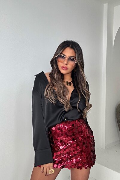 Sohotique By P Zr Sequin Shorts Lined Skirt Burgundy