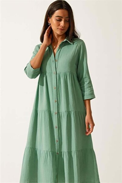 Dipmoda rochie cămașă din bumbac muselină verde mentă pentru femei RY2060