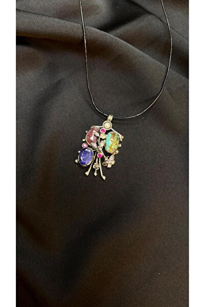 Gümüşhanesi Firuze, safir ve yakut taşlı otantik gümüş kolye