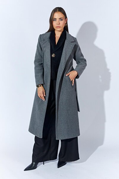 TENA Women's Gray Collared Belted Basic Long Cashmere Coat
