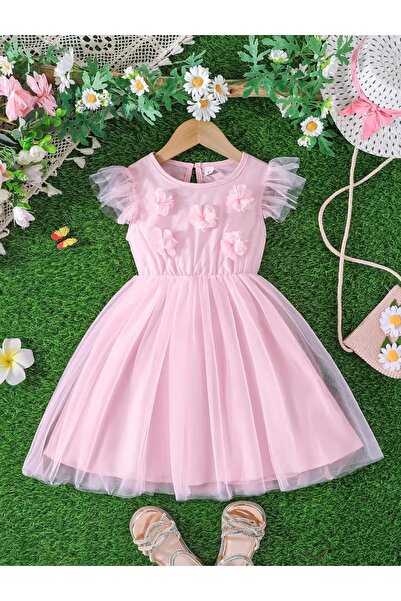 OEM Pink dress with flowers 5 years, 110 cm