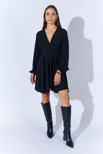 TENA Women's Black 5633 V-Neck Knitted Detailed Layered Dress