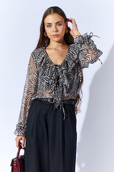 TENA Women's Zebra Pattern Tn024 Chiffon Blouse with Ruffled Front and Tie-Up Sleeves
