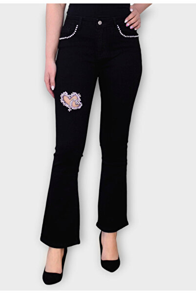Elis Fashion Women's black flared jeans with high waist and crystals