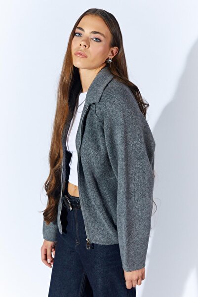 TENA Women's Anthracite Casual Cardigan with External Pockets and Zipper