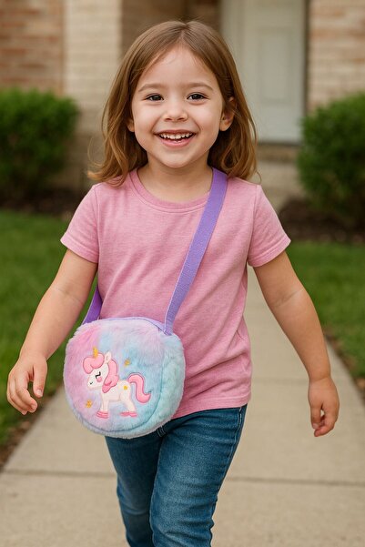 Axesoire NWC-023 Uni Corn Kalp Modelli Lila Peluş Çocuk Çantası 19x15 cm