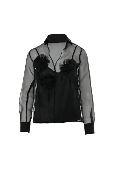 GİZİA Uzun Kollu Çiçek Aksesuarlı Transparan Bluz