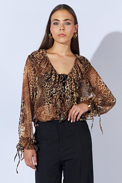 TENA Women's Leopard Tn024 Chiffon Blouse with Ruffled Front and Tie-Up Sleeves
