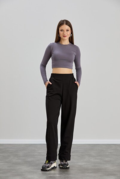 Sortie Γυναικείο μαύρο παντελόνι με ελαστική μέση, ψηλόμεσο, φαρδύ πόδι, κανο...