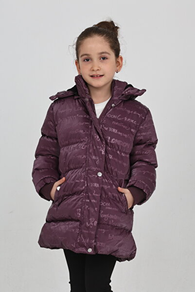 Fivente Kız Çocuk Rahat Mont, Kapşonlu ve Yazılı Desenli, Kışlık Şişme Mont Ş...