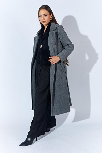 TENA Women's Gray Collared Belted Basic Long Cashmere Coat