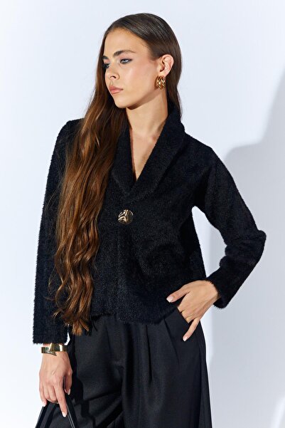 TENA Women's Black 8949 Shirt Collar Gold Buttoned Beard Cardigan