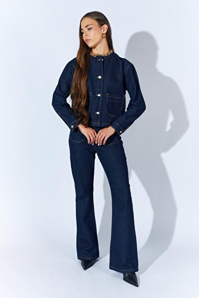 TENA Kadın Rins Yıkama Bisiklet Yaka Cepli İspanyol Pantolonlu Jean Takım