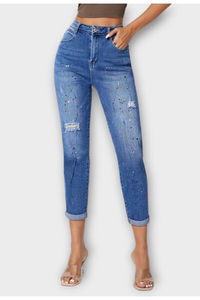 Elis Fashion Women's navy blue mom fit high waist ripped jeans