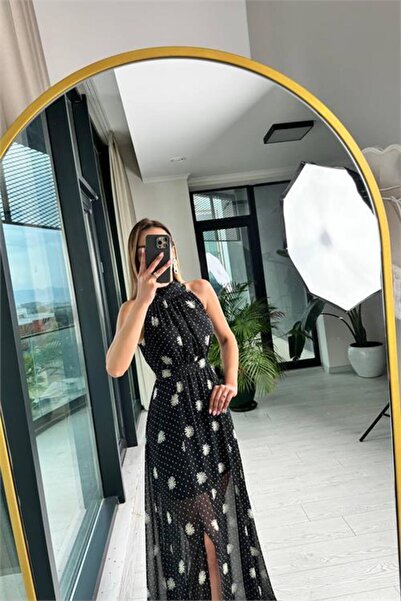 Dipmoda فستان نسائي طويل من الشيفون بياقة هالتر مبطن DPMY3242