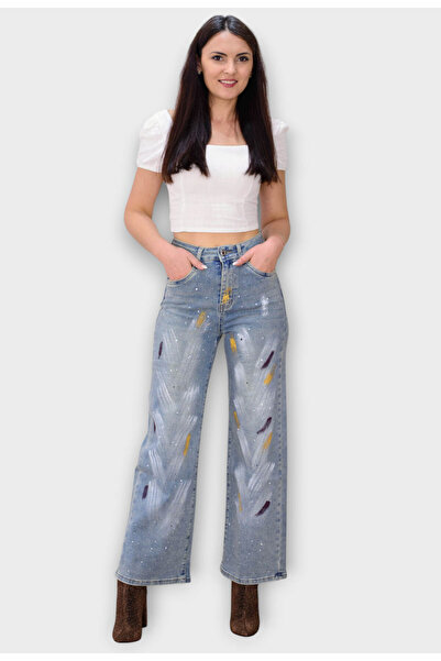 Elis Fashion Blugi Albastri Wide Leg cu Talie Inalta si Cristale