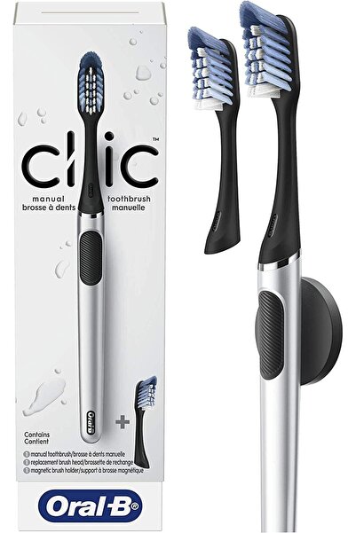 Oral-B Oral B Clic Manual Toothbrush, Chrome Black, with 2 Replaceable Brush Heads and Magnetic Holder