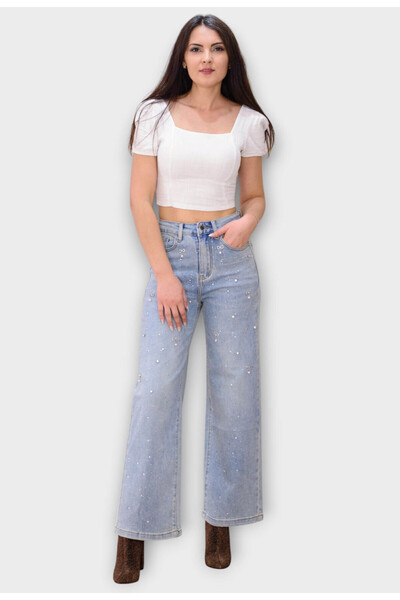 Elis Fashion Blugi de dama Albastri Wide Leg cu Talie Inalta si Cristale