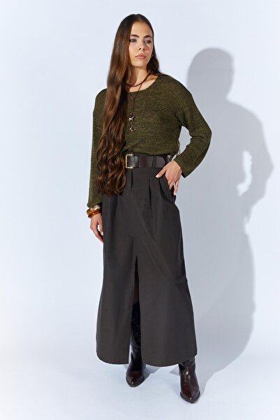 TENA Women's Brown Front Slit Long Belted Skirt