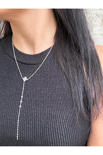 marsel aksesuar Özel Seri Gümüş Renk Topçuk Yonca Y Model Uzun Silver Kolye