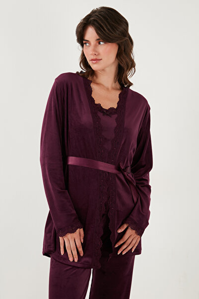 Lela Regular Fit Dantelli Yumuşak Dokulu Sabahlıklı Kadife Pijama Takımı PİJAMA TAKIMI 6095545