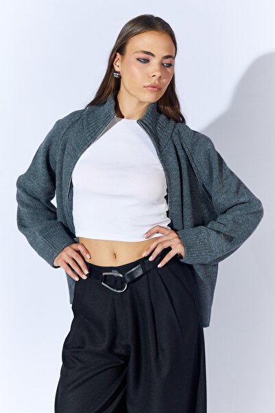 TENA Women's Anthracite Stand Collar Cardigan with External Zipper