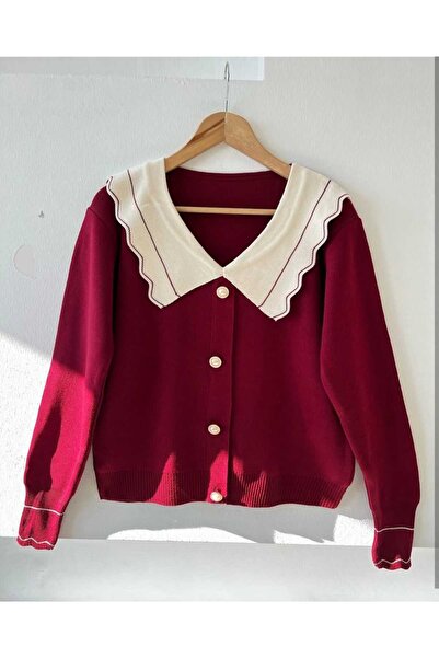 sovl Tricotaj cu guler tip Peter Pan nasturi Burgundy Pulover cu aspect cardi...