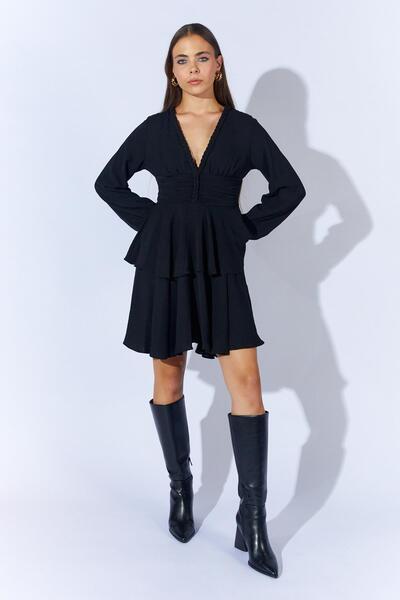 TENA Women's Black 5633 V-Neck Knitted Detailed Layered Dress