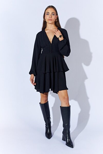 TENA Women's Black 5633 V-Neck Knitted Detailed Layered Dress