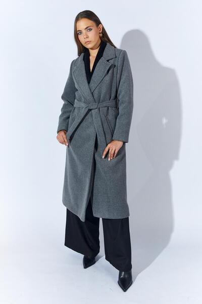 TENA Women's Gray Collared Belted Basic Long Cashmere Coat