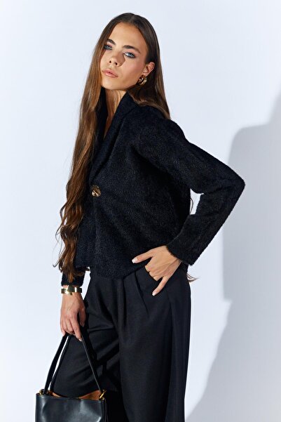 TENA Women's Black 8949 Shirt Collar Gold Buttoned Beard Cardigan