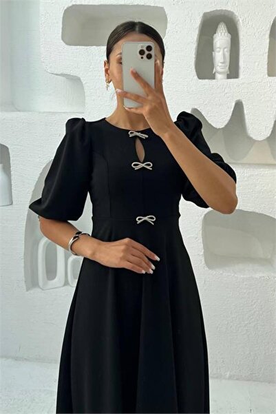 Dipmoda Γυναικείο πλεκτό φόρεμα μίντι με φιόγκο και μανίκια καρπούζι DPMY3578