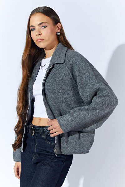 TENA Women's Anthracite Casual Cardigan with External Pockets and Zipper