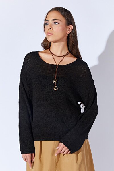 TENA Women's Black U-Neck Sleeves Loose Basic Knitwear Sweater